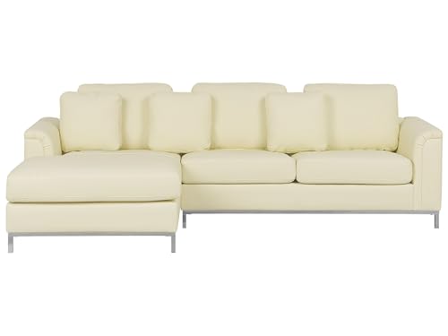 Canapé Angle à Droite en Cuir Véritable Beige Dossier Matelassé Housses Amovibles Oslo