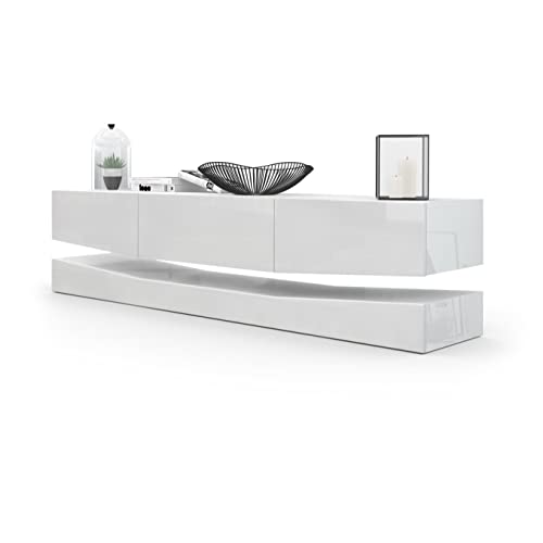 Vladon Buffet Bas City, Meuble TV avec Socle, 1 Compartiment Ouvert et 3 tiroirs, Blanc Haute Brillance/Blanc Haute Brillance (178 x Variable x 39 cm)