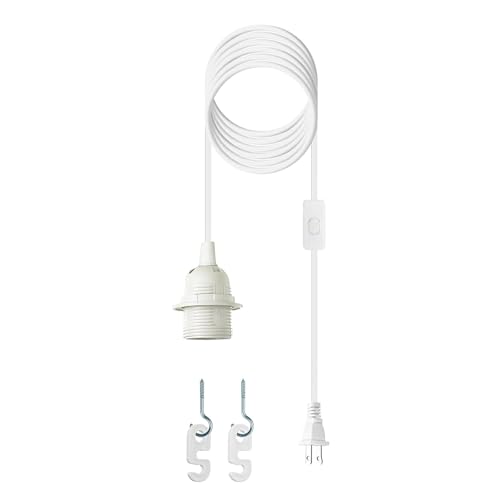 Zarnicy Plug in Light Socket - 16Ft Pendant Light Cord Kit E26/E27 Light Socket Hanging Lantern Lamp Cord with On/Off Switch Socket Rings 1 Pack White