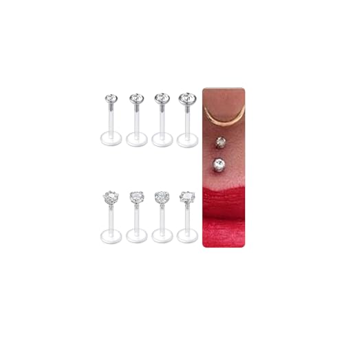 DJCIW 16G 12PCS Clear Bioflex Lip Labret Studs Hypoallergenic Plastic Lip Rings Cartilage Earrings with Round Heart Star Square Crystal Tops 10mm Length