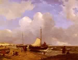 Peinture à l'huile Andreas Schelfhout - Tableau Moored on The Beach toile marine 12 x 16 pouces