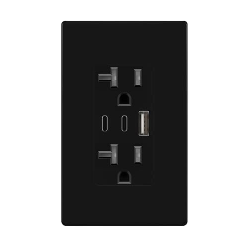 Image of TOPGREENER 4.2A 3-Port Type C USB Outlet, 20 Amp Receptacle Plug, Charging Power Outlet with Dual Type C&A Ports, Screwless Wall Plate Included, UL Listed, Commercial Grade, Black