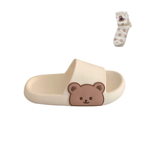 Aonuowe Kawaii Slipper Bear Heart Cloud Slide With Cute Socks Girls Women Home Beach Bathroom Slide Thick Platform Extra Soft (Beige,5.5) #TOP9