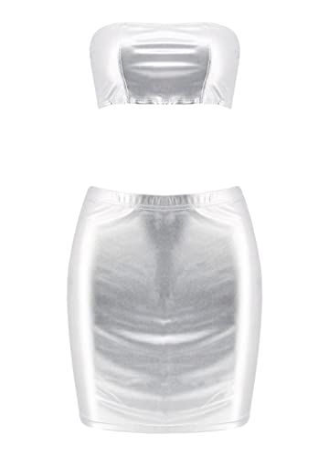 Vimoisa Women Sexy Shiny Metallic Silver Off Shoulder Tube Top Crop Vest Short Skirt Set Two Piece Outfit Suit