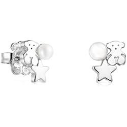 TOUS Pendientes de Plata de Primera Ley para Mujer con Motivo de 0.4 cm y Perla, con Cierre de Presión, Fino y Elegante, Colección Nocturne