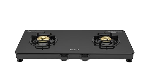 Image of Havells Contour Toughened Glass-Top 2 Brass Burner LPG Gas Stove | Removable Drip Tray | Soft Touch, Ergonomically Designed Knobs | 2 Years Comprehensive Warranty (Black)