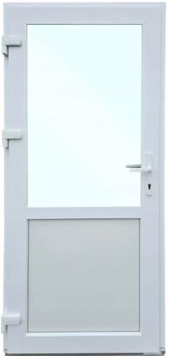 Haustür Kunststoff 100x200 cm DIN Links | Nebeneingangstür mit Sicherheitsverglasung | Kellertür Komplettset für Shop, Garage, Haus | Eingangstür mit 4-Punkt-Schloss und Zubehör | Weiß