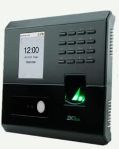 કોણીય view of the ZKTeco MB10-VL attendance system, showing the side vents and the fingerprint scanner.