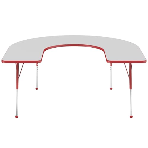 Image of FDP Horseshoe Activity School and Office Table (60 x 66 inch), Standard Legs with Ball Glides for Collaborative Seating Environments, Adjustable Height 19-30 inches - Gray Top and Red Edge