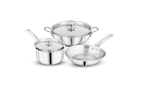 Pigeon Tristeel Triply 5 Pc Stainless Steel Cookware Set - Kadai 20cm with Lid | Fry Pan 20Cm| Saucepan 16cm with Lid |2pcs Ladle |Compatible (5 Years Warranty)|ISI Certified.