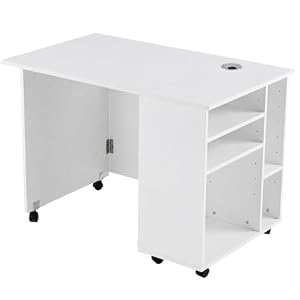 パソコンデスク 折りたたみデスク 収納棚付き 大容量 コンパクト 省スペース 木製 PCデスク 可動棚 キャスター付き 書斎机 学習机 勉強机 サイドワゴン ミシン台 おしゃれ (ホワイト)