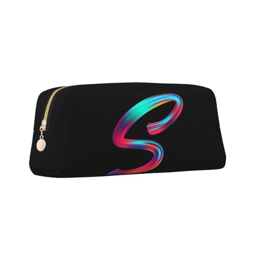 Image of Cute Initial Pencil Case for Kids Simple Leather Pencil Pouch for Boys Girls Letter Design Pencil Box Pen Bag Pencil Pouch Office Stationery Organizer, Rainbow Letter S