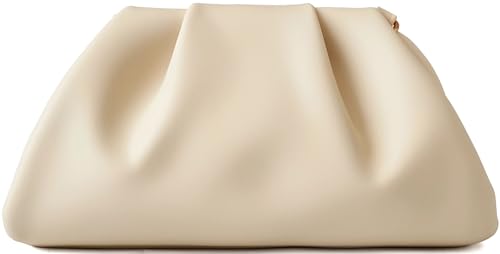 ChrisWish Women's Woven Evening Bag Ruched Dumpling Clutch Purse Detachable Chain Crossbody Bag(Cream White)