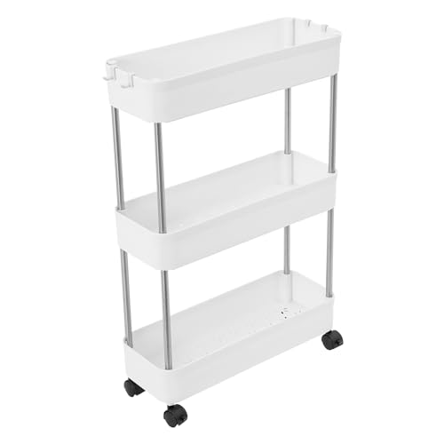 Lumivew Estantería de cocina de 3 niveles, 40 x 14,8 x 61,5 cm, carrito de cocina, carrito de almacenamiento con ruedas y frenos, color blanco, polipropileno, baño, salón, oficina, dormitorio, (40 x