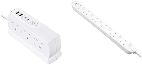 Masterplug SRGDSU62PW-MP Heavy Duty Six Socket Switched Surge Protected Extension Lead with 2 USB Ports, 3.1 Amps, 2 Metre, 18 x 7 x 6 cm, White