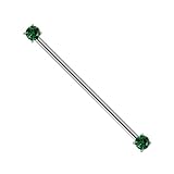 Pierced Owl 14GA ASTM F-136 Implant Grade Titanium Threadless Push-In Prong Set CZ Crystal Ends Industrial Barbell (Silver Tone/Green)