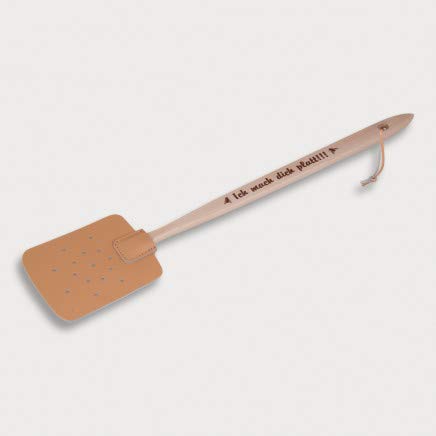 10x HOFMEISTER® Fliegenklatsche Holz und Leder – Fliegenfänger mit stabilem Stiel aus Buche, ohne Plastik, EU-Handarbeit – mit Spruch Ich mach Dich platt