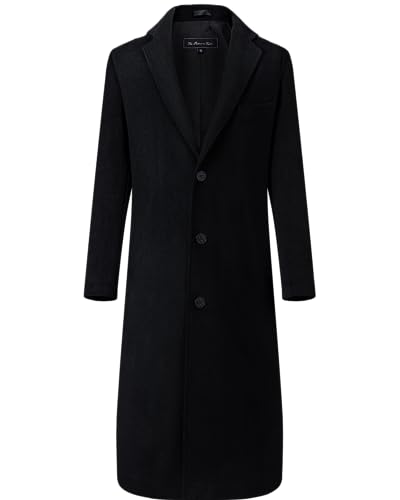 Image of Mens Black Wool Winter Overcoat - Cashmere Blend Long Topcoat Jacket, Classic 3-Button Dress Coat