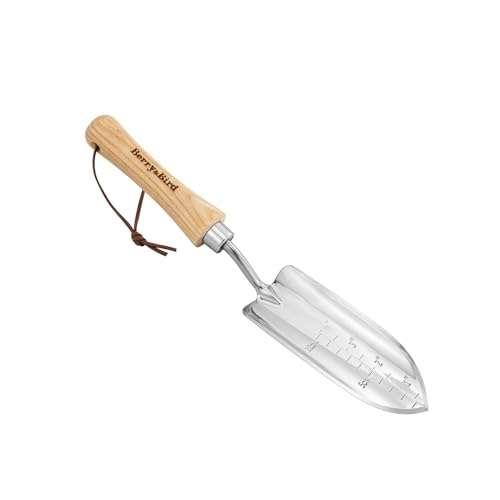 Berry&Bird Transplant Trowel with Measurements, Garden Stainless Steel Potting Hand Trowel with Wooden Handle, Small Garden Hand Shovel Transplanter Tool for Planting Digging Transplanting Gardening