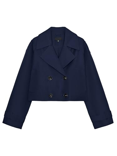 Image of ELLEVEN Cropped Trench Coat for Women Lightweight Short Jackets Long Sleeve Notched Lapel Work Casual Loose Fit Fall Coats Old Money Clothes Navy Blue Medium
