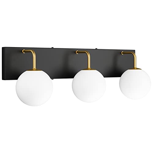 Image of Tipace 3 Lights Mid Century Vintage Bathroom Vanity Light Fixtures Over Mirror Black & Gold Industrial Vanity Lights with Milk White Glass Globe Farmhouse Bath Lighting(Exclude Bulb)