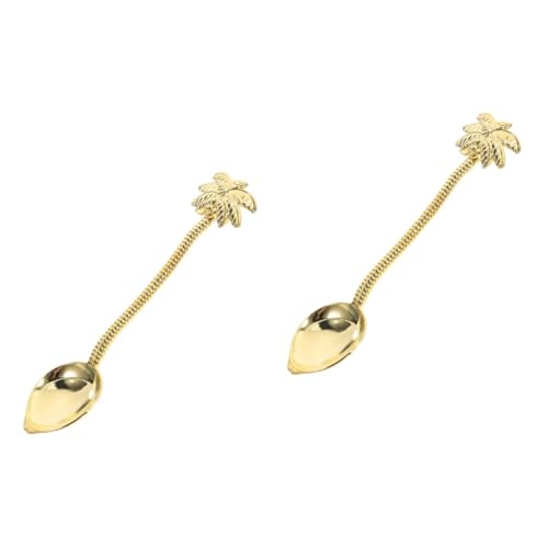 Amosfun 2 cucharas de café de árbol de coco tropical, cuchara de postre dorada retro para mezclar café, diseño creativo para fiestas y uso diario