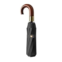 Luxurious Travel Folding Umbrella with Crook Real Wooden J Handle for Men/Portable /Automatic Open/Close Coating Layer Fabric Blocking/Rain Sun/Anti UPF 50 UV Protection 99.9%/Golf/Car Backpack