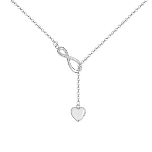 Infinity Lariat Y-Necklace for Women 925 Sterling Silver Love Heart Mother of Pearl Pendant Long Link Chain Necklaces Adjustable Delicate Wedding Birthday Valentines Jewelry Gift 20 inches