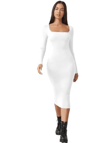 Image of Aahwan White Solid Square Neck Solid Midi Bodycon Dress for Women's & Girl's