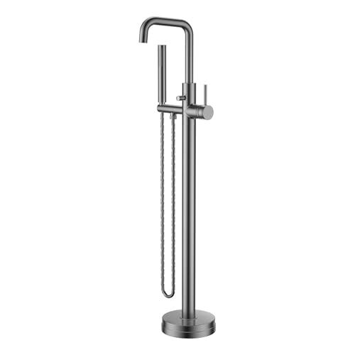 Image of Freestanding Bath Mixer Tap with Hand Shower - Floor Mounted Brass Construction Swivel Spout Dual Handle Options Modern Bathroom Tap (Gunmetal)