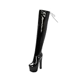 WOkismD 17CM / 6.69IN Bottes en Cuir Verni Talons Hauts épais Grande Taille Bottes pour Fe...