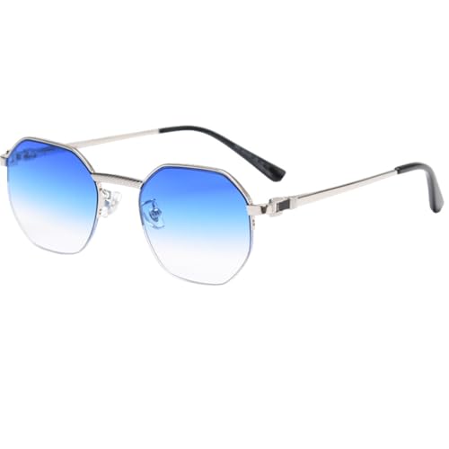 MUTYNE Lunettes de soleil polygone bleu avec protection UV400 et demi-monture métal légère