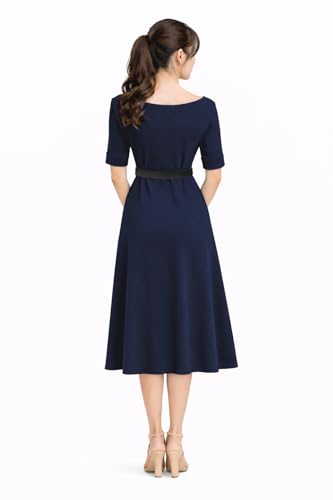 Image of Women's Elegant Midi Dress with Belt | Half Sleeve Fit & Flare Casual Dress | Knee Length Office Party Western Dress for Women