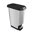 Curver Alto 11 Gallon Resin Trash Can Waste Bin with Soft-Close Lid and Foot Pedal for Hands Free Operation, Black/Silver