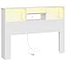 Semoic Headboard for Queen Size Bed with Storage Shelf and Drawers, Wood Deep Bookcase Headboards with Charging Station & LED Lights, Morden White Headboard with 2 Tier Storage, White