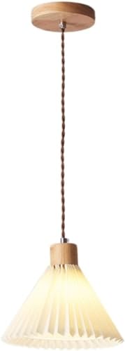 Plafonnier suspendu scandinave en bois massif et tissu plissé avec douille E14 pour salon