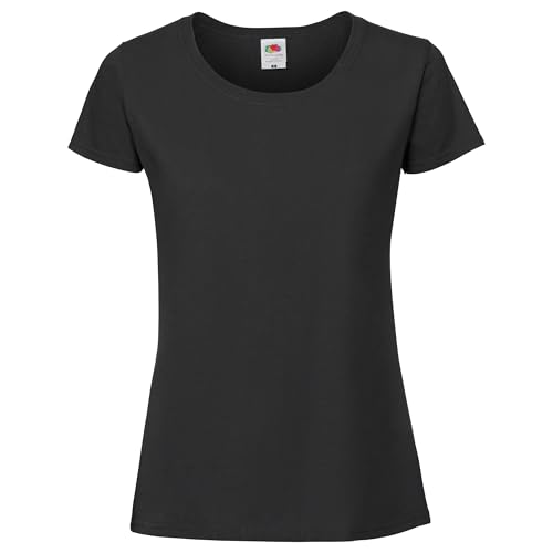 Fruit of the Loom Ladies Iconic 195 – figurbetontes Damen Shirt aus gekämmter Baumwolle, Rundhals Basic T-Shirt mit Seitennähten, Farbe:schwarz, Größe:M