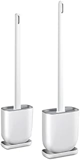 Straame Silicone Toilet Brush and Holder Set with No-Slip Long Plastic Handle & Soft Flexible Bristles - Base for Anti-Drip - Wall Mounted Brush - Deep Cleaning (White 2 Pack)