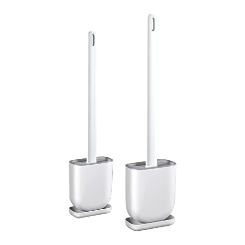 Straame Silicone Toilet Brush and Holder Set including No-Slip Long Plastic Handle & Soft Flexible Bristles