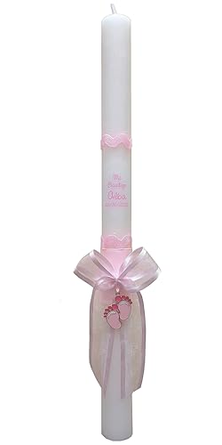 Vela de Bautizo Personalizada, Decorativa con Lazo, Medalla con forma Pies de Bebé, Rosa y Azul, Para Ceremonia (Rosa)