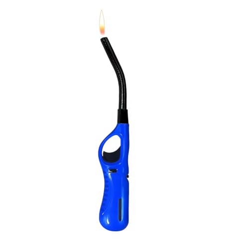 Flexible Refillable Candle Lighter – Long Bendy Nozzle Butane Gas Lighter for Candles, BBQ, Grill, Fireplace & Kitchen – Adjustable Windproof Flame, Safety Lock, Ergonomic Handle, Reusable (BLUE)