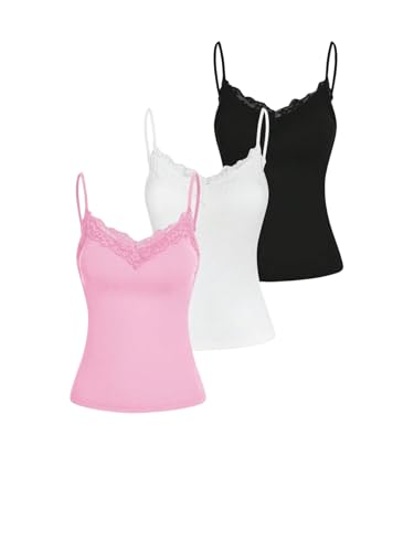 SOLY HUX Women's 3 Packs Lace Trim Spaghetti Strap Cami Top Built