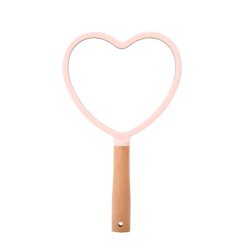 Image of Heart‑Shape Wood‑Handle Handheld Mirror - 25 x 13 cm Travel Makeup Mirror with Hanging Hole (Colour May Vary) (1, Heart)