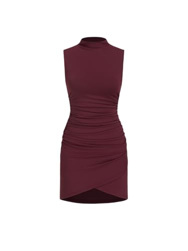 CIDER Women's Summer Mini Dress Cocktail Dress Mock Neck Sleeveless Ruched Short Dresses Trendy 2025