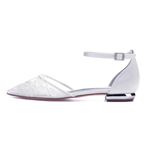 Women's Wedding Bridal Shoes Closed Toe Pointed Lace Mesh Shoes Ballet Flats Buckle Ankle Strap Shoes4