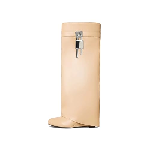 Image of keleimusi Fold Over Wedge Boots Heeled PadLock Pant Knee High Shoes Tall /Short Booties