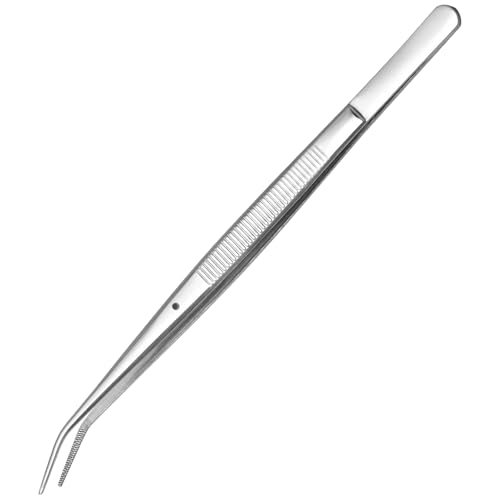 FTONOM5 Precision Stainless Steel Tweezers - Professional Grade Long Anti Slip Crafting Cooking Tools with Curved & Serrated Bent Tips Multipurpose Forceps for Jewelry Sewing Machine Aquarium Garden