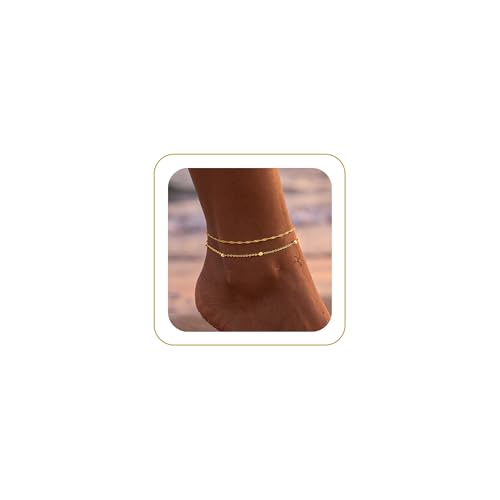 Image of Robaice Ankle Bracelets for Women, Glitter Waterproof Adjustable Anklet for Women, 14K Gold Plated /Sterling Silver Layered Anklets, Summer Beach Anklet Jewelry for Women Gift