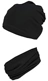 TupTam Jungen Beanie Mütze Schlauchschal Kinder 2er Set Herbst Winter gefütterte Übergangsmütze mit Loop, Farbe: Jersey zweilagig - Schwarz, Hat Size: 56