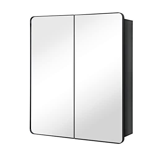 Fundin Schwarzer Aluminium-Badezimmer-Spiegelschrank 60 x 70 cm mit gerahmter Tür und verstellbaren Glasböden, Einbau- oder Aufputzmontage